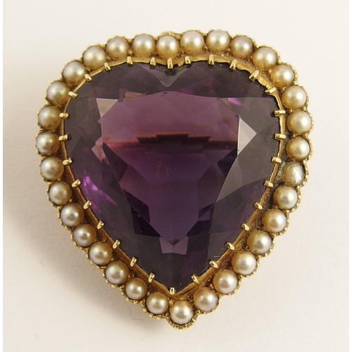 744 - A 15ct gold amethyst and pearl heart brooch