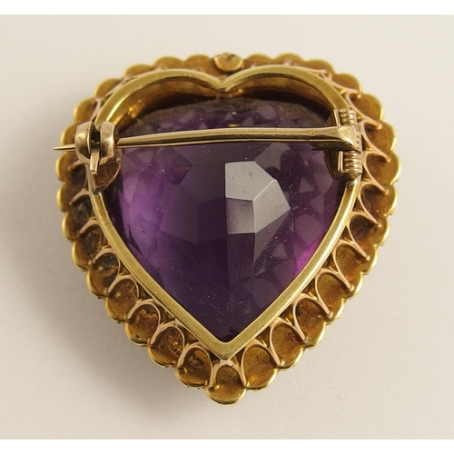 744 - A 15ct gold amethyst and pearl heart brooch