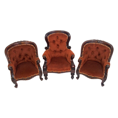 814 - Three Victorian style stained scroll button back child's armchairs