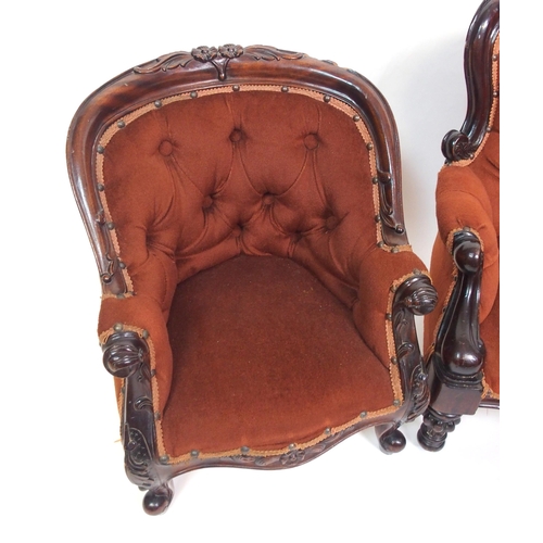 814 - Three Victorian style stained scroll button back child's armchairs