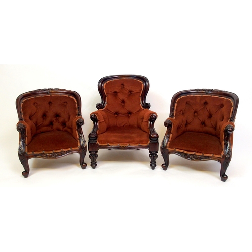 814 - Three Victorian style stained scroll button back child's armchairs