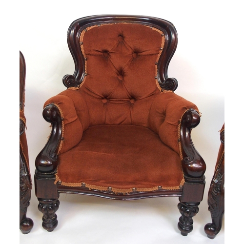 814 - Three Victorian style stained scroll button back child's armchairs