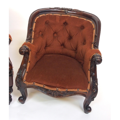 814 - Three Victorian style stained scroll button back child's armchairs