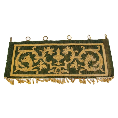 850 - A green ground silk and velvet rectangular banner