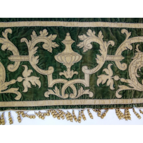 850 - A green ground silk and velvet rectangular banner