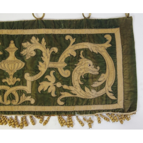 850 - A green ground silk and velvet rectangular banner