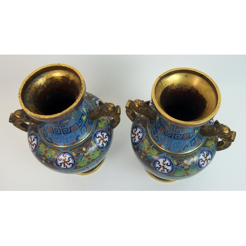 21 - A good pair of Chinese cloisonne two-handled baluster vases