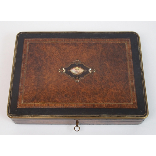 327 - A French burr walnut  rosewood and ebony cross banded brass and mother of pearl inlaid games box