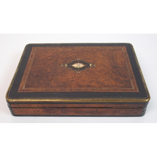 327 - A French burr walnut  rosewood and ebony cross banded brass and mother of pearl inlaid games box