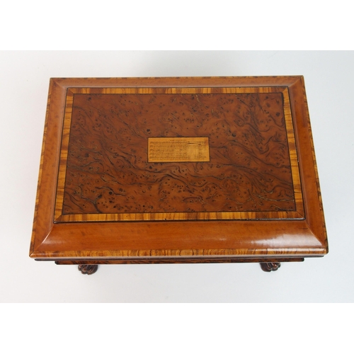 332 - A burr walnut and satinwood cross banded two division tea caddy