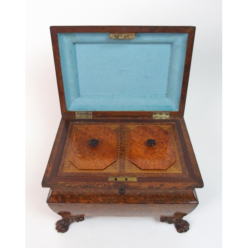 332 - A burr walnut and satinwood cross banded two division tea caddy