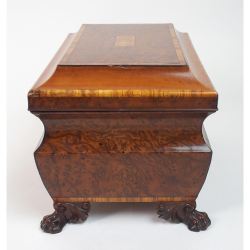 332 - A burr walnut and satinwood cross banded two division tea caddy