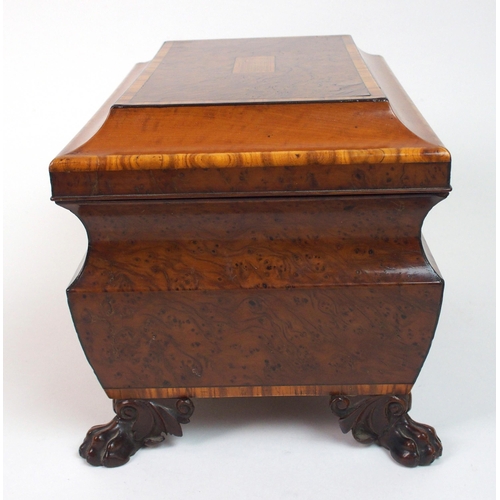 332 - A burr walnut and satinwood cross banded two division tea caddy