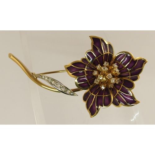 639 - An 18ct gold plique a jour enamel and diamond brooch