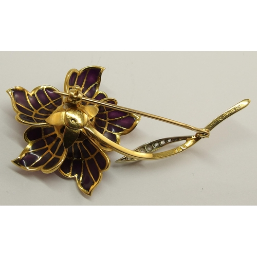 639 - An 18ct gold plique a jour enamel and diamond brooch