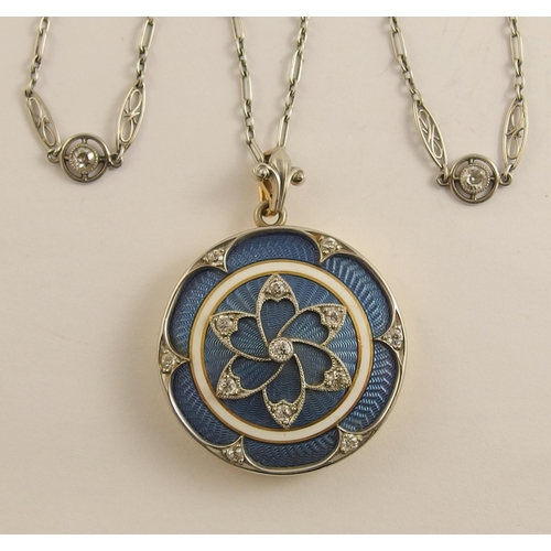 641 - A Belle Epoque style guilloche enamel and diamond locket