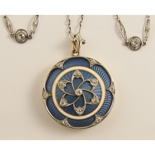 641 - A Belle Epoque style guilloche enamel and diamond locket