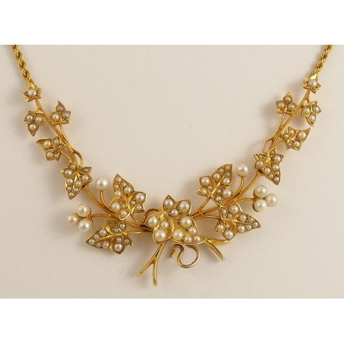 650 - An Edwardian pearl set ivy leaf necklace