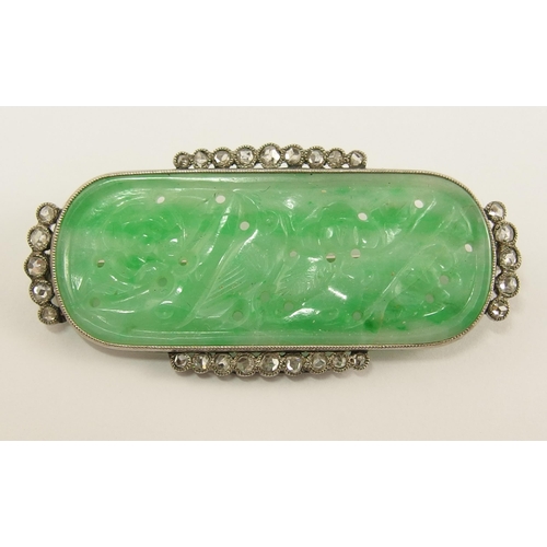 652 - A Chinese green hardstone and diamond brooch