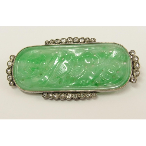 652 - A Chinese green hardstone and diamond brooch