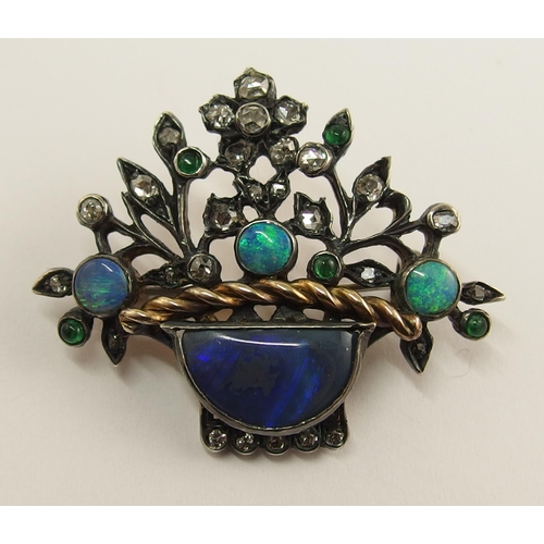 705 - An opal and diamond basket of flowers brooch