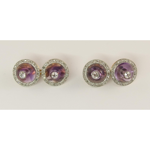 708 - A pair of French 18ct gold amethyst and diamond cufflinks