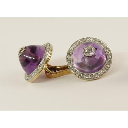 708 - A pair of French 18ct gold amethyst and diamond cufflinks