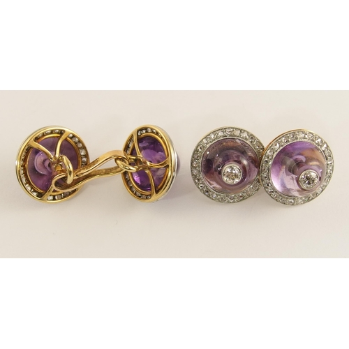 708 - A pair of French 18ct gold amethyst and diamond cufflinks