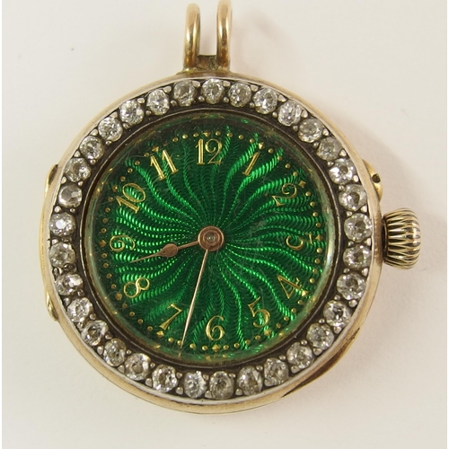 714 - A French diamond and enamel pendant watch