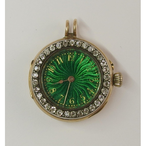 714 - A French diamond and enamel pendant watch