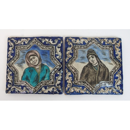 74 - Two Persian relief moulded portrait tiles