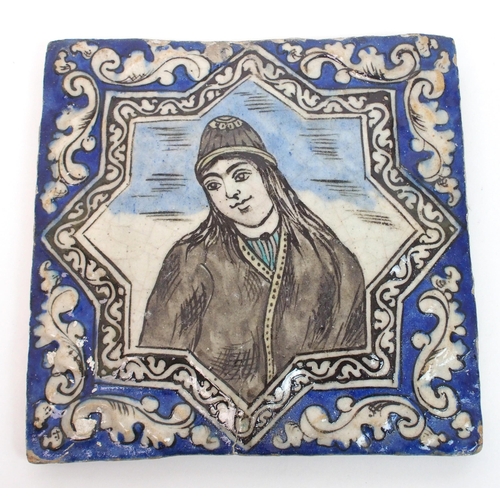 74 - Two Persian relief moulded portrait tiles