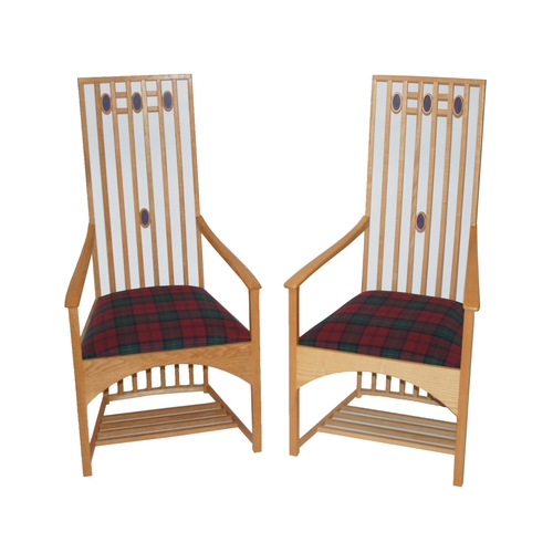 823 - Two Mackintosh style ash and oak open armchairs