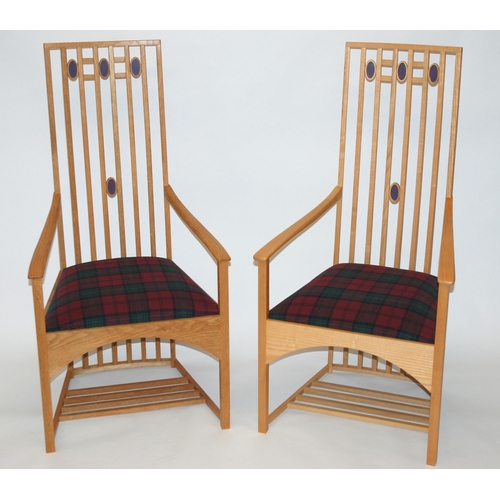 823 - Two Mackintosh style ash and oak open armchairs