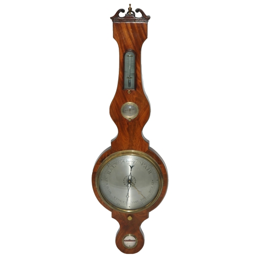 825 - A mahogany inlaid wheel barometer and thermometer