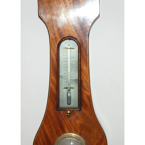 825 - A mahogany inlaid wheel barometer and thermometer