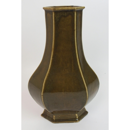 116 - A Chinese teadust glazed hexagonal baluster vase