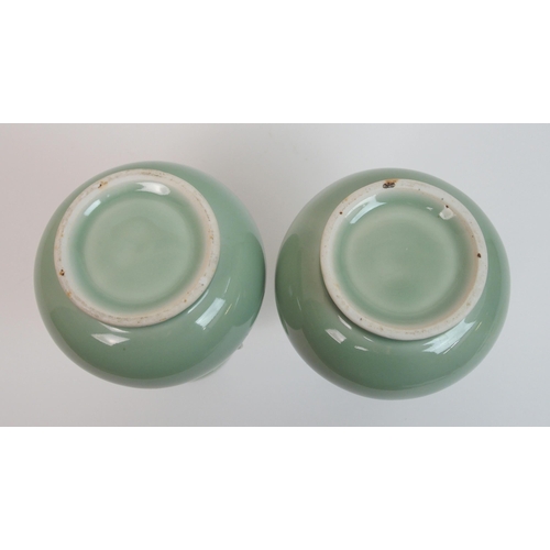 119 - A pair of Chinese celadon ground two-handled baluster vases