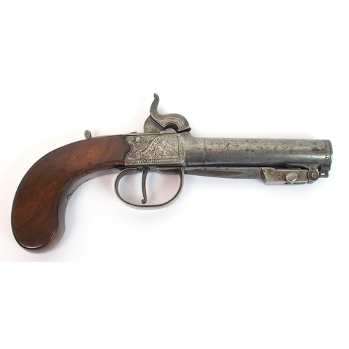 275 - A 19th Century percussion pocket pistol with spring loaded bayonet by W Egan of Bradford