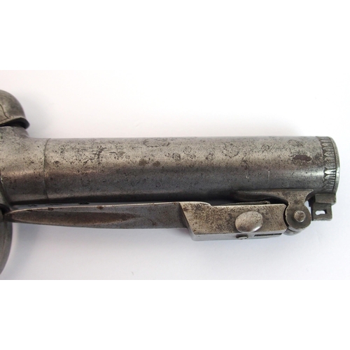 275 - A 19th Century percussion pocket pistol with spring loaded bayonet by W Egan of Bradford