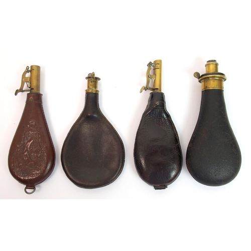 289 - Four Victorian leather and brass shot flasks