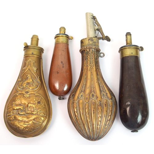 290 - Four Victorian copper and brass shot flasks