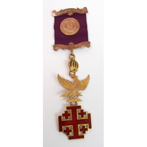 292 - A 9ct gold  enamel and gem set Masonic Knight Templar medal