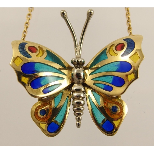 792C - An 18ct plique a jour and champleve butterfly pendant in yellow and white gold