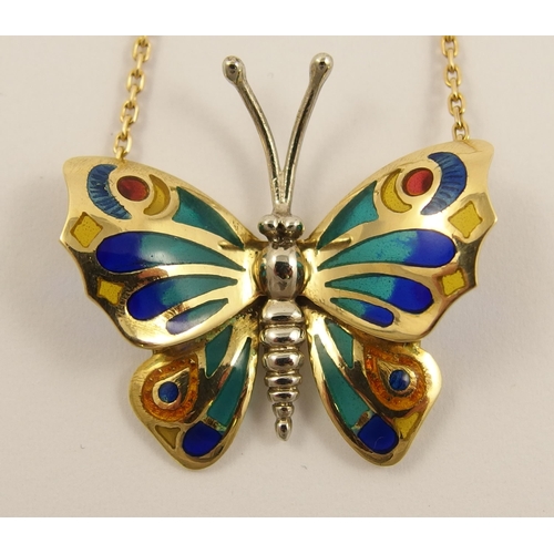 792C - An 18ct plique a jour and champleve butterfly pendant in yellow and white gold