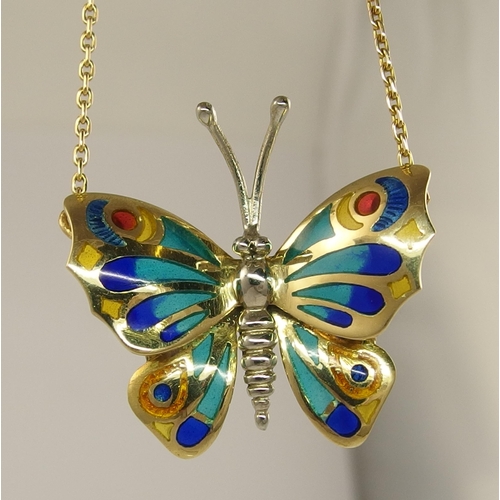 792C - An 18ct plique a jour and champleve butterfly pendant in yellow and white gold