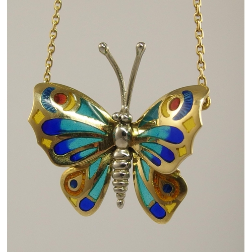 792C - An 18ct plique a jour and champleve butterfly pendant in yellow and white gold