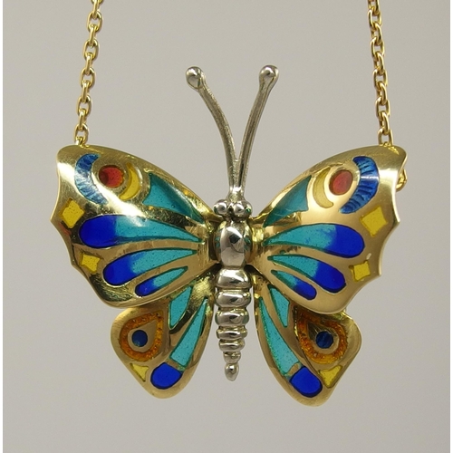 792C - An 18ct plique a jour and champleve butterfly pendant in yellow and white gold