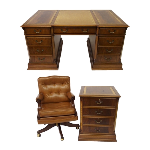 803 - A modern mahogany and crossbanded twin pedestal desk