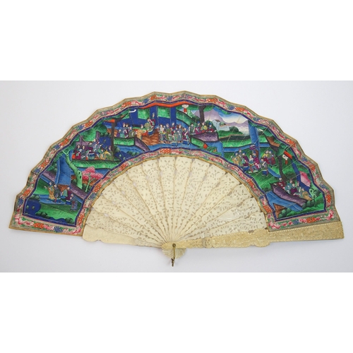 98 - A Chinese export ivory and gouache double-sided fan